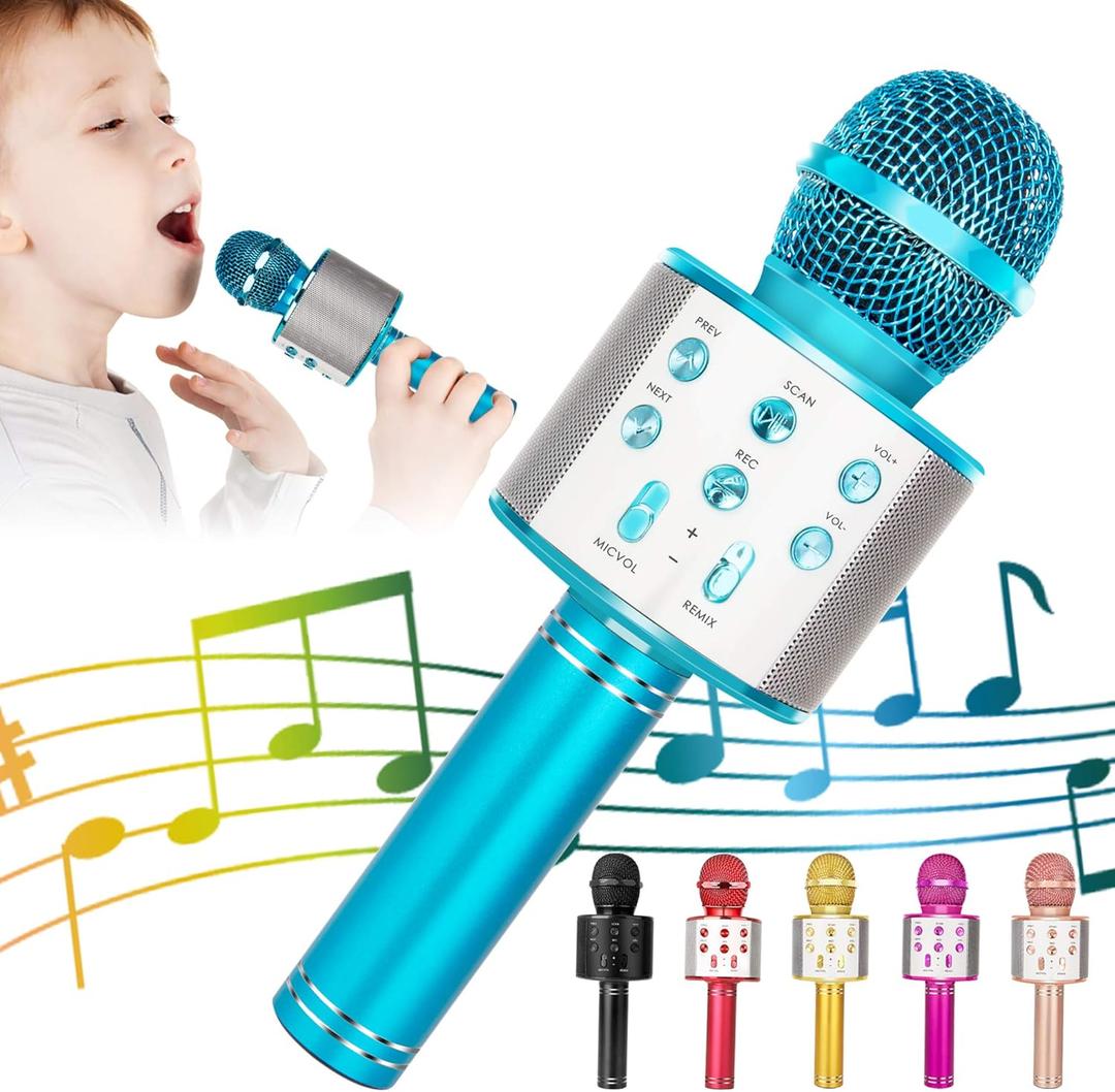 KIDWILL Wireless Bluetooth Karaoke Microphone for Kids, 5-in-1 Portable Handheld Karaoke Mic Speaker Player Recorder with Adjustable Remix FM Radio for Kids Girls Boys Teens Birthday (858-Blue)
