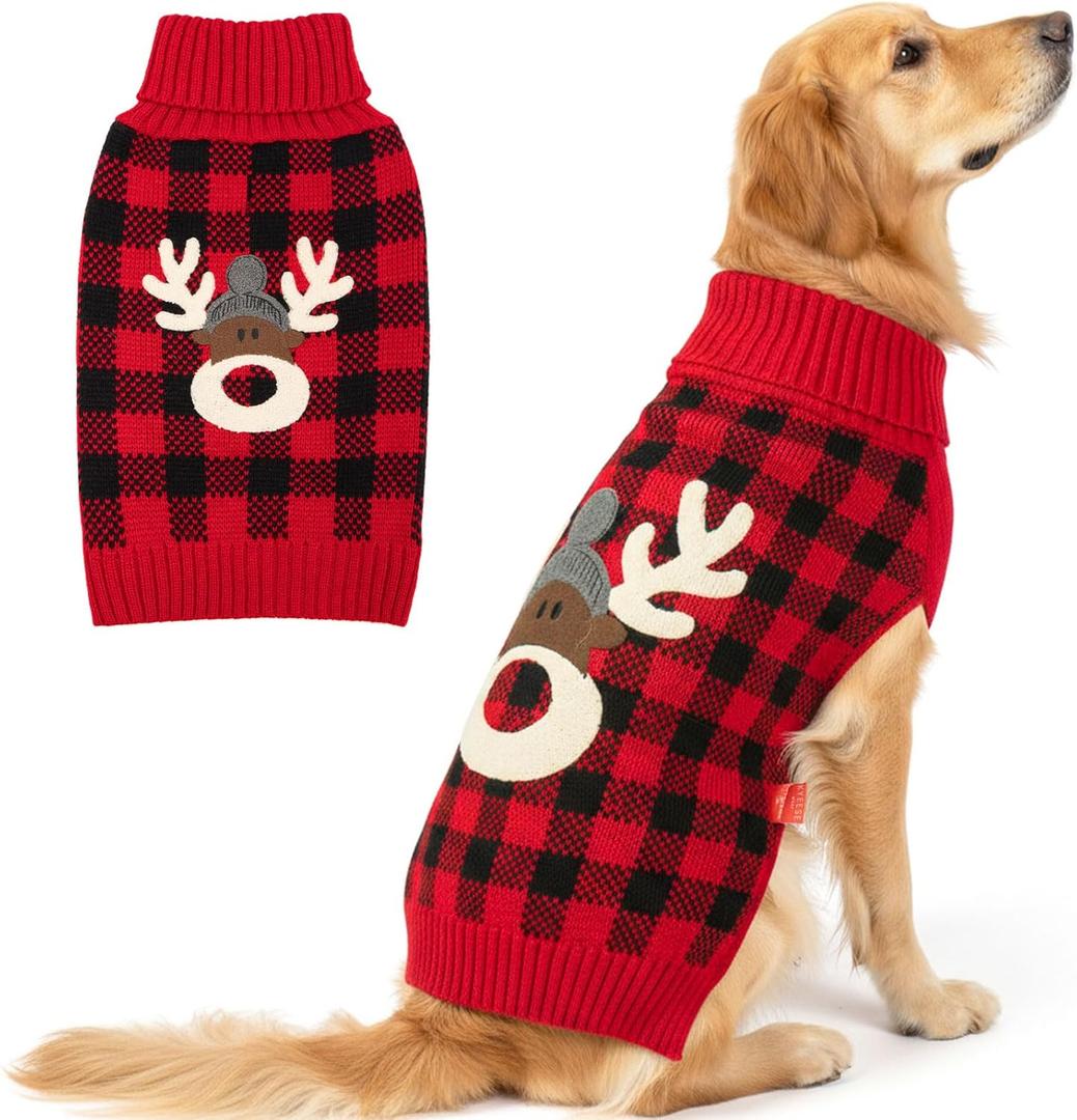 KYEESE Dog Christmas Sweater with Reindeer Pattern, Cozy Large Pet Christmas Red Buffalo Plaid Knit, Turtleneck Dog Sweater for Large Dogs with Leash Hole, Soft Warm Pet Clothes, XXX-Large (3XL (60-80lbs))