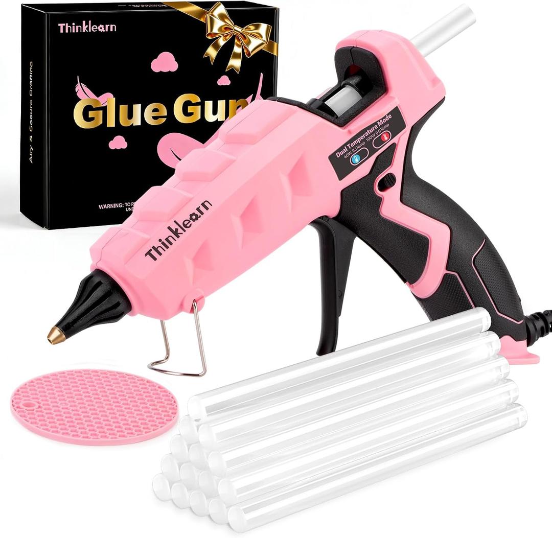 THINKLEARN Hot Glue Gun Full Size, 60/100W Dual Power Glue Gun with 15 Glue Sticks(7/16''), Heavy Duty Large Glue Gun Kit, Hot Glue Gun and Sticks Set for Crafts, Arts, DIY and Home Repairs (Pink)