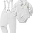 Baby Boy Clothes Suit Infant Gentleman Wedding Outfit Dress Shirt+Bowtie+Vest+Corsage+Suspender+Pants 6Pcs (18-24 Months, White)