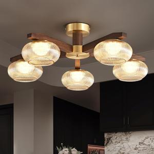 Modern Walnut Wood LED Ceiling Light Fixture,Glass Shade 5 Light Semi Flush Mount Wooden Ceiling Light,Farmhouse Walnut Solid Wood Brass Chandelier for Living Room,Bedroom,dinging Room