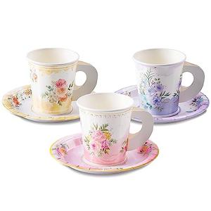 HOMIX 24 Paper Tea Cups and Plates, 7 OZ Disposable Paper Teacups and Saucer Sets for Hot and Cold Drinks for Birthday, Princess, Floral, Tea Party Decorations