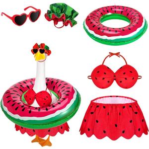 Bikini Porch Goose Outfits Summer Costume for 23" 17" Goose Statue, Swimsuit Set with Sunglasses, Swim Ring and Hat, Hawaiian Style for Garden Patio Lawn Yard Outdoor Decoration(Watermelon)