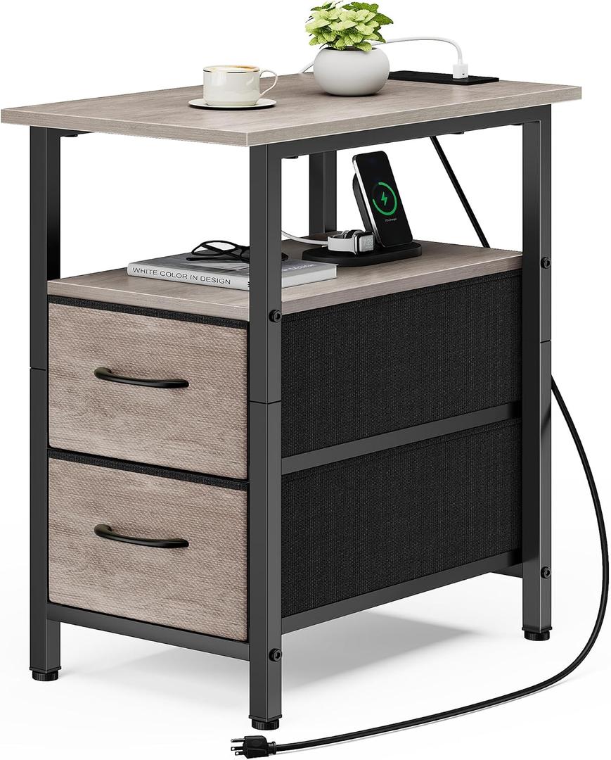End Table with Charging Station, Narrow Side Table, 23.8'' Tall Nightstand with 2 Fabric Drawers, Small Sofa Side Table Narrow Nightstand for Small Spaces, Living Room, Bedroom, Rustic Grey