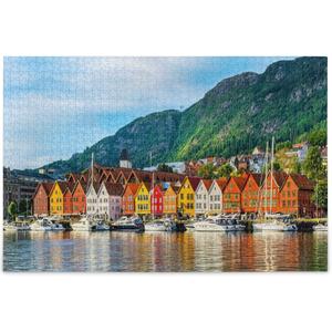 Bergen Norway Jigsaw Puzzle 1000 Pieces Colorful House Lake Mountain Puzzles for Adults Kids DIY Gifts (Multi 12)