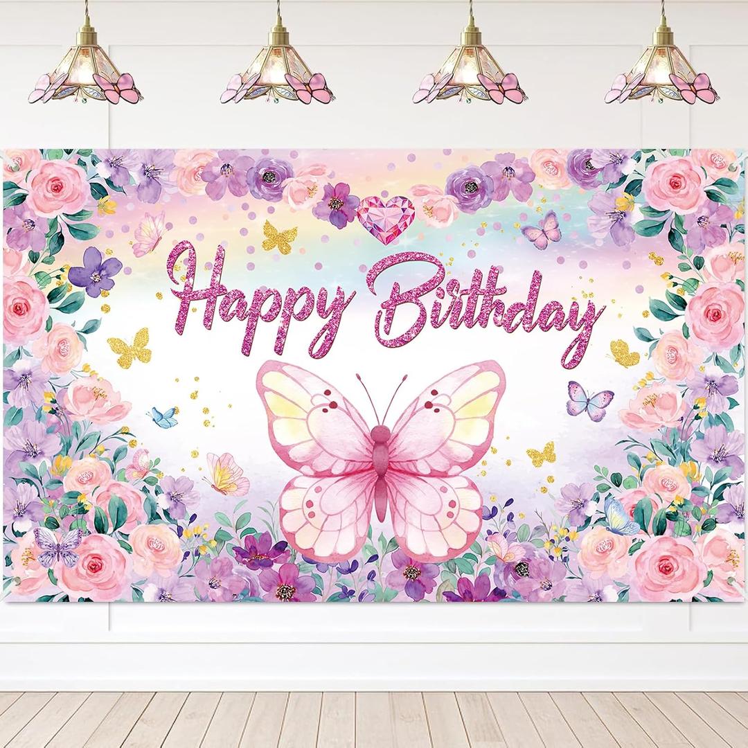 Butterfly Birthday Banner Backdrop Pink Purple Happy Birthday Girl Baby Shower Fairy Spring Party Background Butterfly Decorations 5.9 x 3.6ft