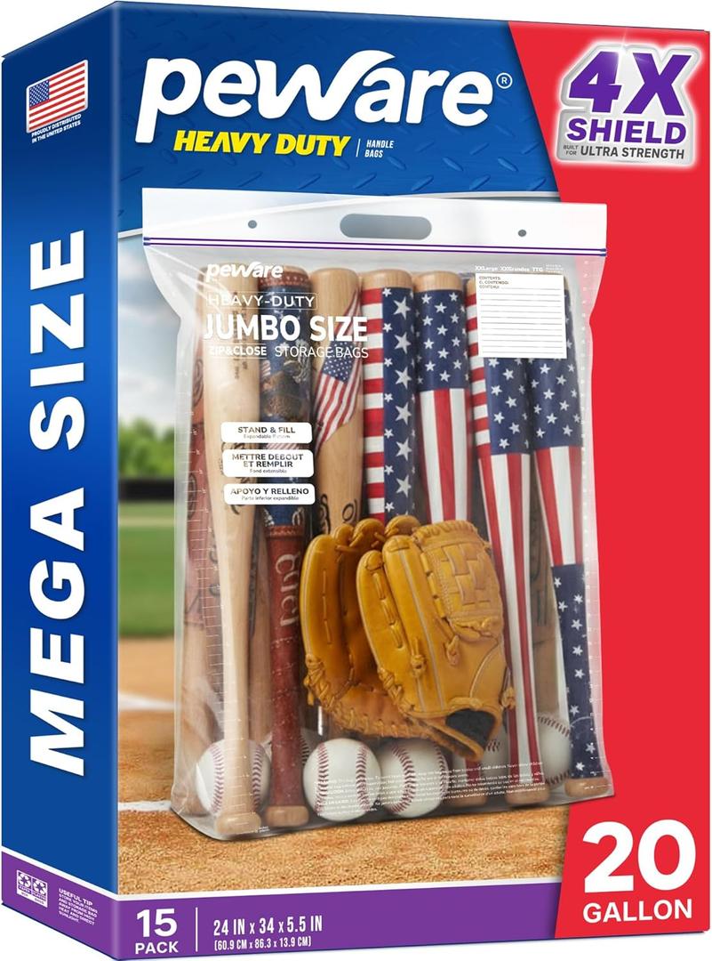 20 Gallon Heavy Duty Jumbo Storage Bags with Handle  24" x 34" Resealable Zipper Top, Oversized Storage Solution for Clothes, Food, Pillow, Bedding, Household, BPA-Free, Pack of 15, 6 Mil Thick