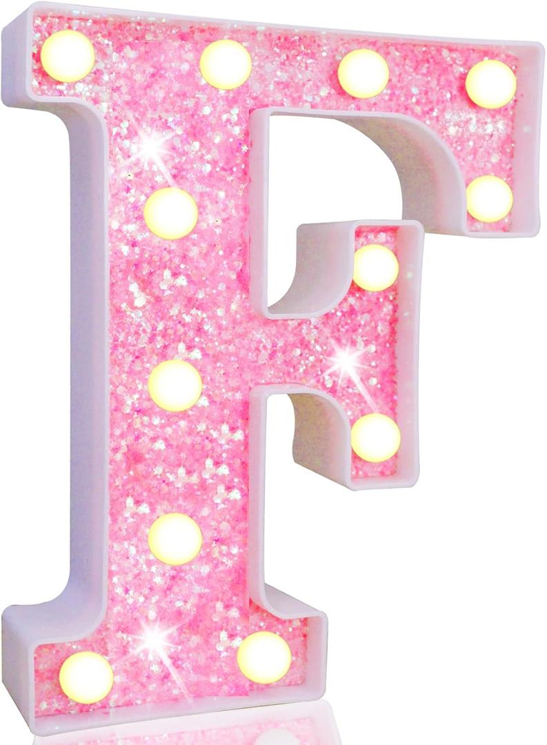 Pooqla LED Marquee Letter Lights, Light Up Pink Letters Glitter Alphabet Letter Sign Battery Powered for Night Light Birthday Party Wedding Girls Gifts Home Bar Christmas Decoration, Pink F (Warm White)