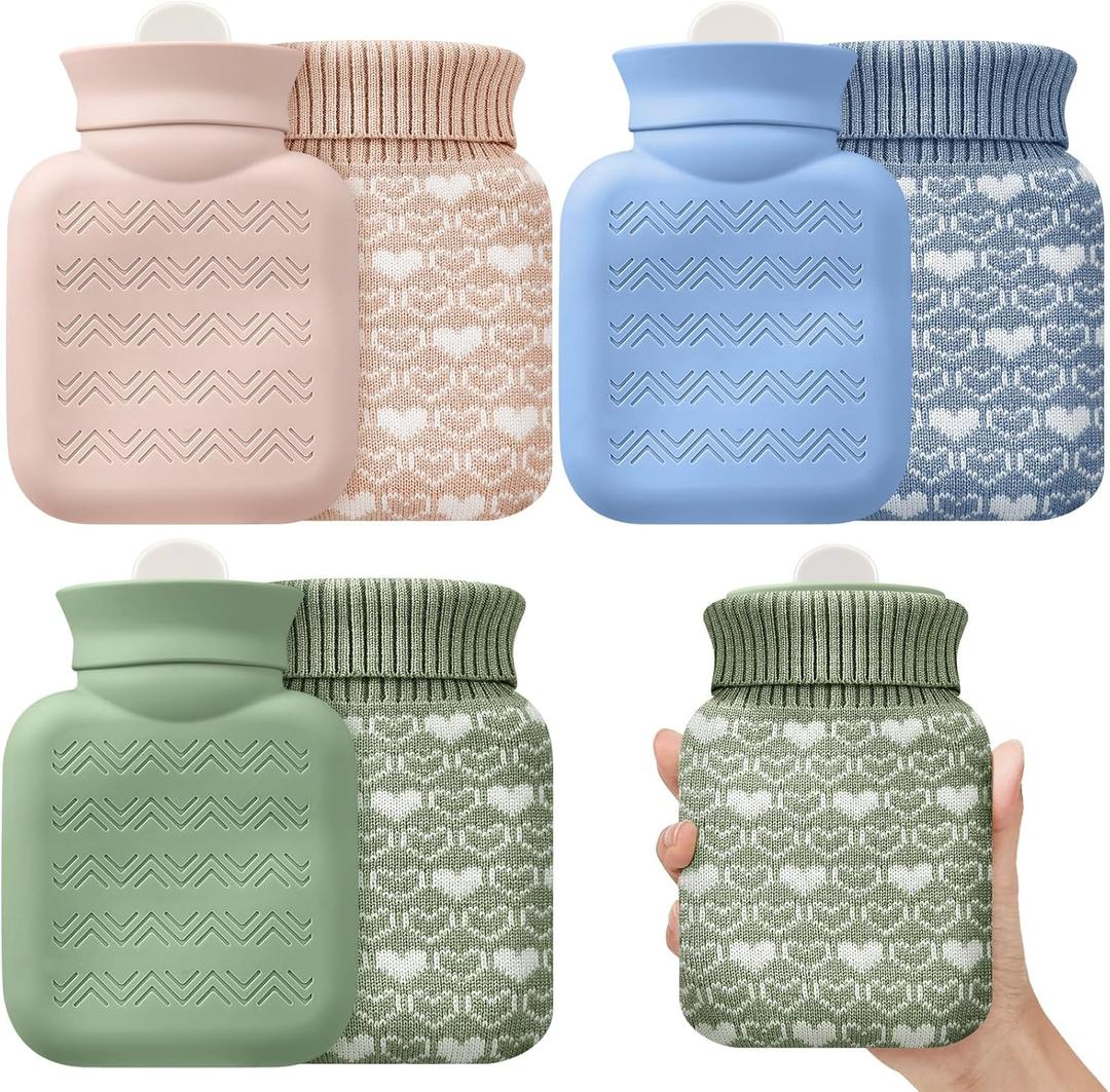 Amylove 3 Pcs Mini Hot Water Bottle for Hot & Cold Compress with Cover 320ml Silicone Microwave Heating Bottles Small Water Bag for Travel Holiday Gift(Beige, Green, Blue,Heart Print)