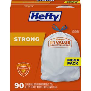 Hefty Strong 13 Gallon Trash Bags, Tall Kitchen Trash Bags, Unscented Large Trash Bags with Drawstrings, Durable Closure, Resists Leaks, Punctures, and Tears, White, Unscented, 90 Bags