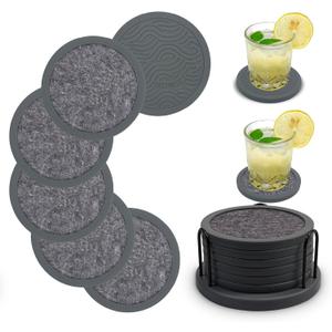 Set of 6 Non-Slip Silicone Coasters with Holder, Double-Sided Absorbent for Hot/Cold Drinks, Scratch & Water Ring Protection for Wood Tables, Home Office Bar, Black Gold Marble (Grey) (Gray)