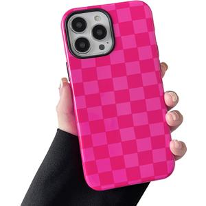 Compatible with iPhone 15 Pro Max Case, Cute Aesthetic Fashion Colorful Checkered Cover for Women, Shockproof Slim Soft TPU and Hard PC Protective Phone Case for iPhone 15 Pro Max - Hot Pink