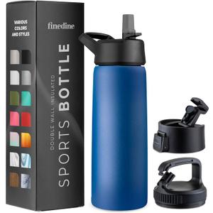 FineDine Triple Walled, Insulated Water Bottles with Straw - 25 Oz Stainless Steel Metal Bottle W/ 3 Leak Proof Lids - For Travel, School, Sports, Gym/Men, Women & Kids - Majestic Sapphire