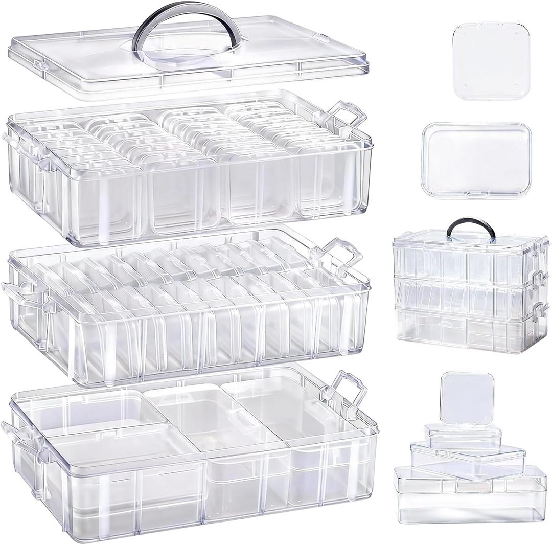 Bead Containers Storage Box for Art Craft Storage,3-Tier Stackable Storage Organizers,61pcs Pieces Plastic Storage Cases Mini Clear Bead Storage Containers Transparent Boxes