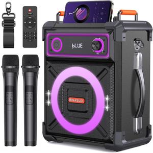 BIGASUO Wooden Karaoke Machine with 2 UHF Wireless Microphones, Portable Bluetooth Speaker with Treble/Alto/Bass Adjustment, Flashing LED Lights, Remote Control, TF Card/USB/AUX in, TWS for Party