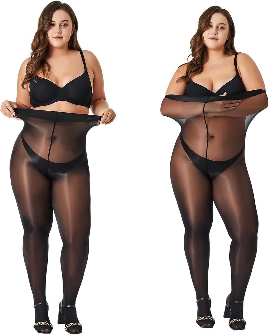 2 Pairs Women's Shiny Pantyhose Plus Size Oil Sheer Tights High Waist Shimmer Stockings (3X-Large-4X-Large, Black)