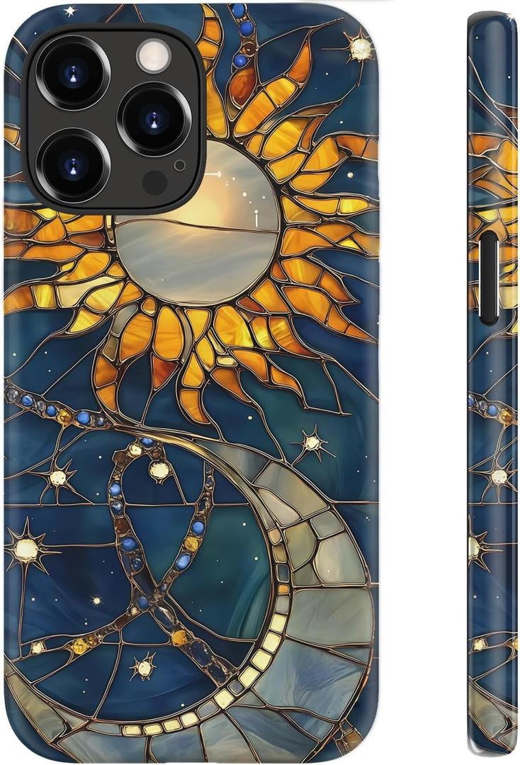 for iPhone 15 Pro Max Case Cute,Aesthetic Stained Glass Moon and Sun Blue Phone Case, Compatible with Magsafe, Trendy Cool Retro Western Protective Slim Silicone Phone Cover for Women Girls