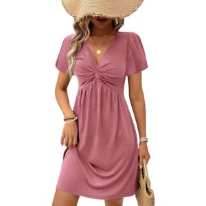 Acelitt Womens Casual Fashion Trendy 2026 Summer Twist Front V Neck Short Sleeve Mini Dress High Waist A Line Ruffle Dresses Sundress Pink Small