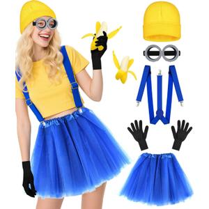MEEZY 5 Pcs Yellow Halloween Costume Accessories Women Beanie Tutu Skirt Suspenders Goggles Cosplay Dress Up Supplies (Adult)