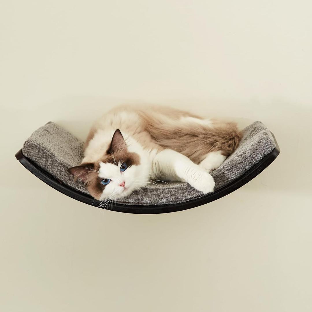 LIORCE Cat Shelf with Comfortable Cushion - Curved Modern Cat Bed (Large Size) - Lotus Leaf Design Cats Wall Perch - Wall Mounted Cats Furniture for Sleeping, Playing, Climbing, and Lounging, Walnut