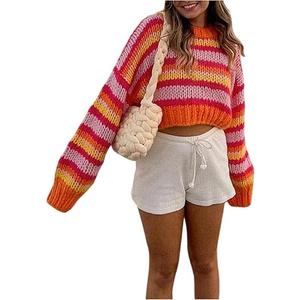 GORGLITTER Women's Striped Cropped Sweater Colorful Crew Neck Chunky Cable Knit Vintage Pullover, Size S