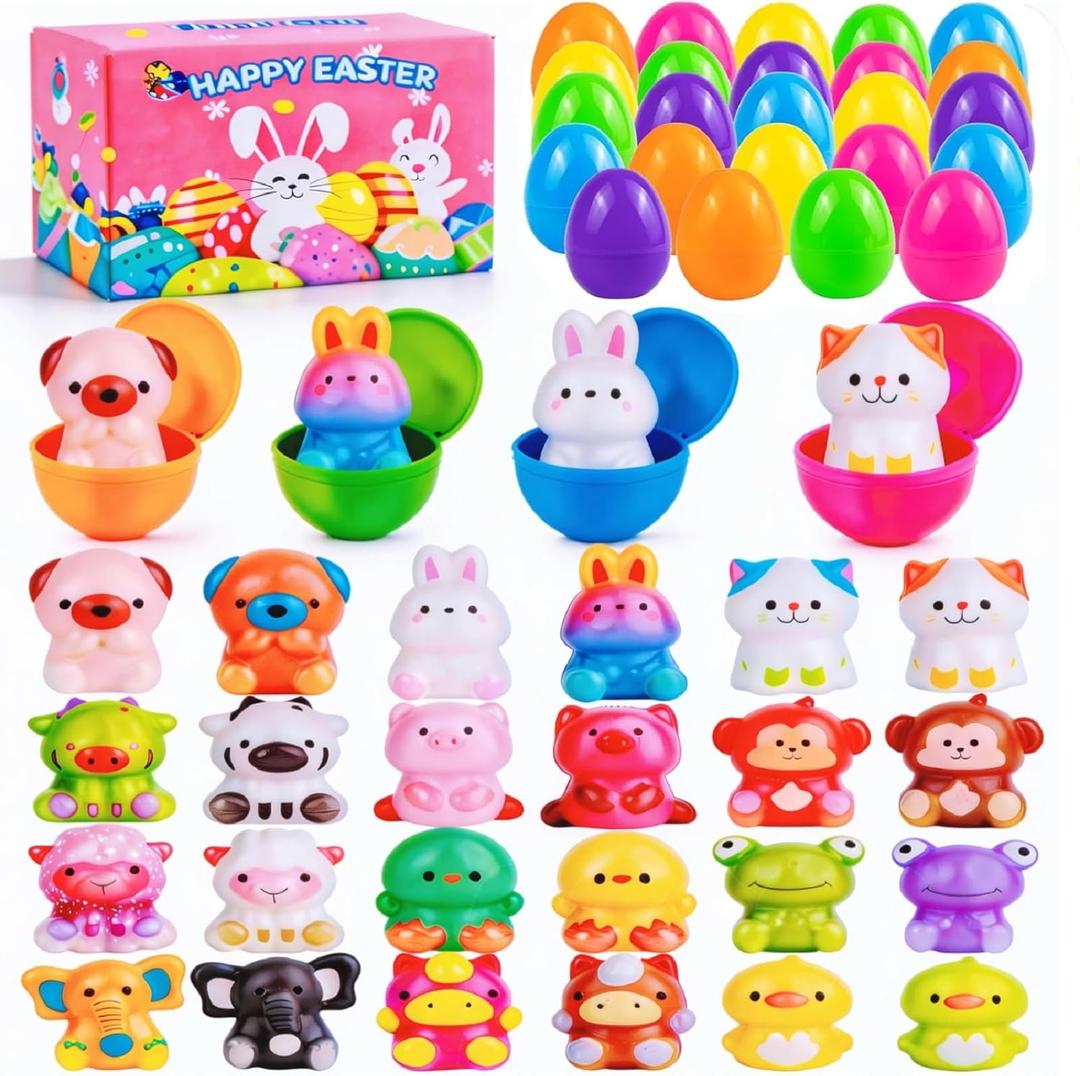 NIUCOO 24 Pcs Prefilled Easter Eggs with Squishy Animal Toys, Easter Eggs Stuffers Filled, Eggs for Easter Egg Hunt Prefilled, Easter Basket Fillers for Boys Girls Easter Party Favors