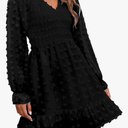 BTFBM Long Sleeve Fall Dresses for Women 2025 Casual V Neck Swiss Dot Smocked Ruffle Chiffon Summer Flowy Mini Dress, Size Small