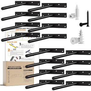 BATODA - 8" Floating Shelf Bracket Heavy Duty (16 pcs)Solid Steel Blind Shelf Supports - Hidden Brackets for Floating Wood Shelves - Blind Shelf Support Shelving Mounting Hardware Included (Pack 16) (8 Inch Rod)