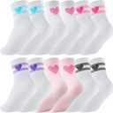 Shihanee 6 Pairs Socks for Girls Kids Pink Crew Athletic Socks with Stripes Heart 4-12 Years Old Cotton Back to School Gift