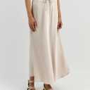 Women's Maxi Skirts Satin Drawstring High Waisted Silk Elegant Flowy Casual A-Line Long Skirt for Women (Beige, M)