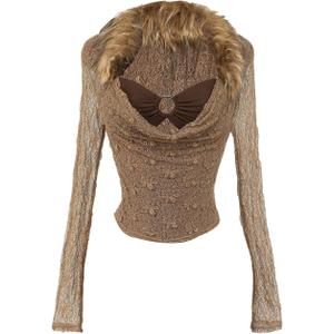 MakeMeChic Women's Faux Fur Cowl Neck Long Sleeve Top Sheer Ruched Y2k Tops Shirts (L)