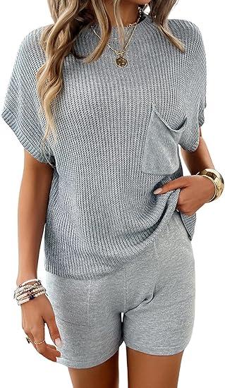 Women Two-Piece Knit Lounge Set Short Sleeve Loose Fit Knit Top Elastic Waist Shorts Casual Summer Outfit, S, Grey