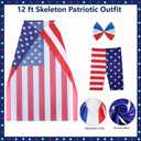3 Pcs 12 Foot Skeleton 4th of July Outfit, USA Flag Skeleton Costume with Shorts, Tie and Banner for Independence Day Outdoor Garden Lawn Patriotic Party Decor