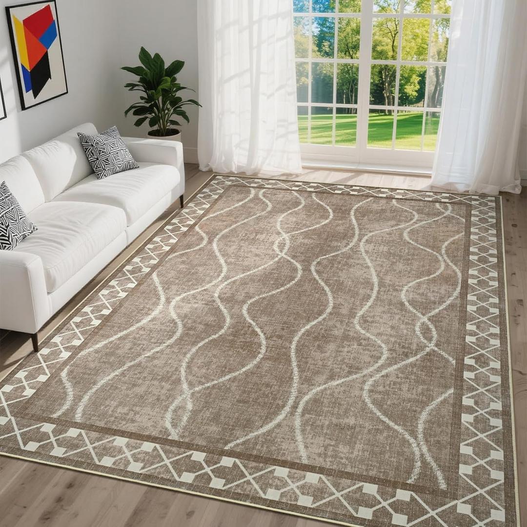 DweIke 4x6 Area Rugs for Living Room, Machine Washable Bordered Rug for Bedroom, Luxury Rubber Backing (Non-Slip) Low Pile Throw Carpet for Dining Room Kitchen Home Decor, Brown