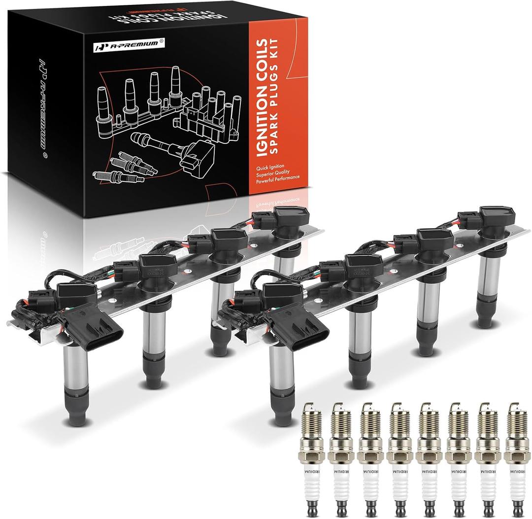 A-Premium 2x Ignition Coil Pack and 8x Iridium Spark Plugs Compatible with Cadillac DeVille 2004-2005 & Pontiac Bonneville 2004-2005, 4.6L, Replace# 89017778, 12585765