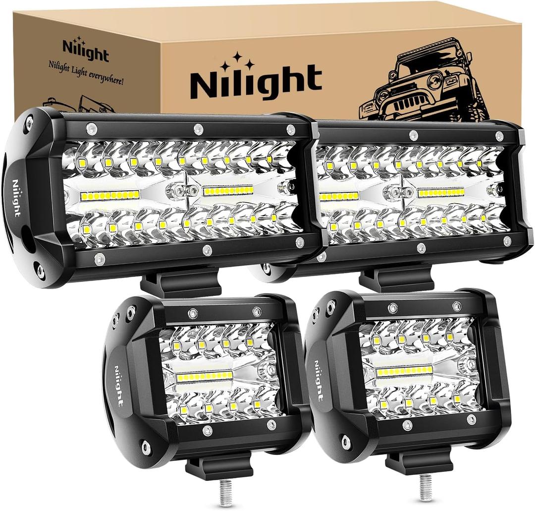 Nilight 2PC 4Inch Triple Row Led Light Pods 60W Flood Spot Combo 6000LM 2Pcs 6.5 Inch 120W Triple Row Light Bar Flood Spot Combo 12000LM Driving Boat Off Road Trucks Lights (ZH042)