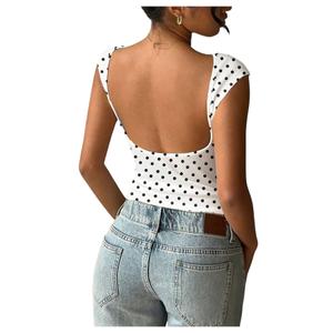 BEAUDRM Women's Y2k Polka Dots Backless Tops Boat Neck Crop Tops Cap Sleeve Going Out Party Rave Date Night Outfits White Small (S)