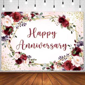 InMemory Happy Anniversary Backdrop Burgundy Flower Rose Wall Decoration Banner Couple Marriage Engagement Bridal Shower Wedding Anniversary Party Photography Background Photo Props 7x5ft