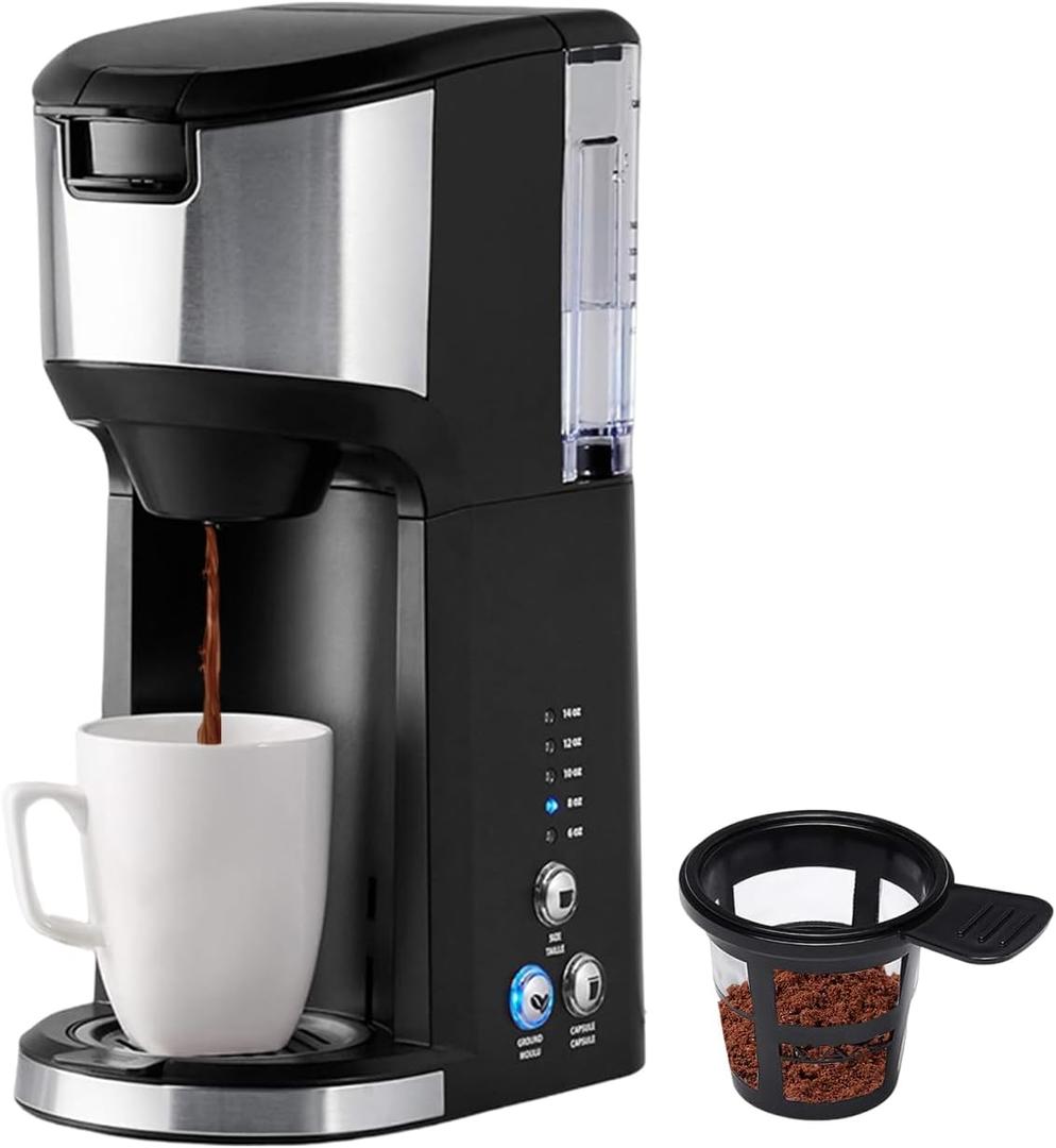 Single Serve Coffee Maker, K Cup and Ground Coffee Brewer, 14 oz Personal Coffee Maker with 24 oz Water Reservoir, Auto-Shutoff, Compact Small Coffee Machine for Home & Office