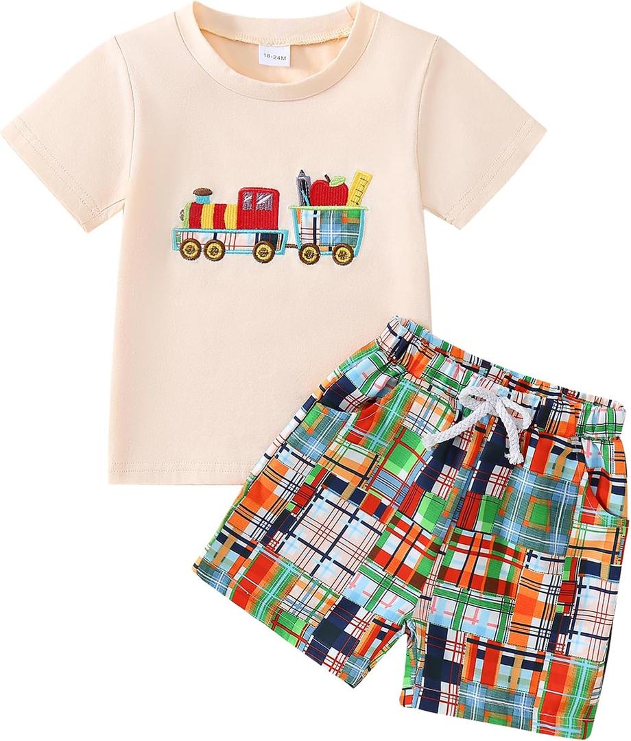 Toddler Boy Back to School Outfit First Day of School Shirt+Striped Shorts Summer Clothes Set (4-5T, Colorful)