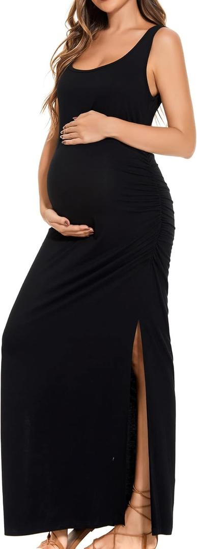 Smallshow Women's Split Long Maternity Dress Sleeveness Ruched Pregnancy Clothes (Medium, Black)