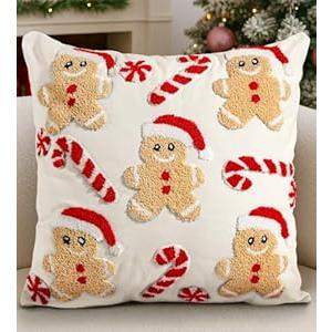 Kokaaee Christmas Pillow Cover 18x18 Inch - Embroidered Gingerbread Men Canes Throw Pillow Case Soft Soft Plush Faux Fur Xmas Decorations Holiday Decor for Home Couch Sofa Living Room (1 Pack)
