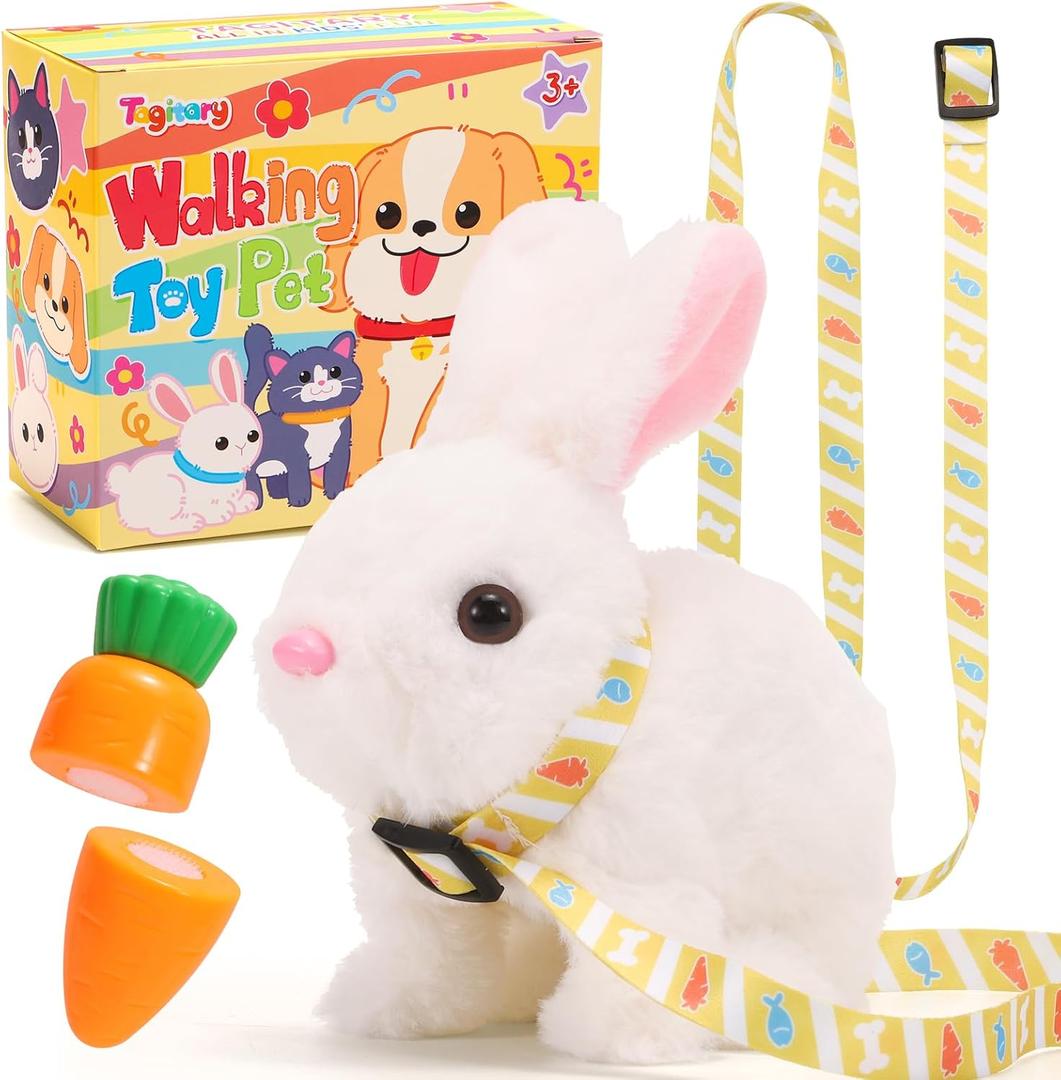 Tagitary Juguetes de peluche electrnico con sonidos, orejas que se mueven, boca y nariz que se conmutan, juguete interactivo de conejo para nios con correa, regalo de Pascua de Navidad, cumpleaos (Blanco)
