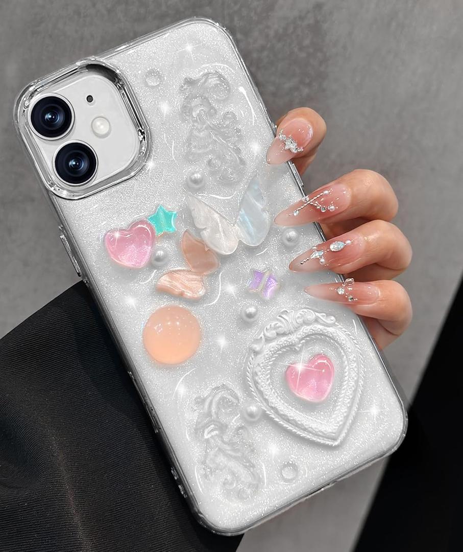 Toycamp for iPhone 11 Case Cute - Women Girly Girls Glitter Phone Cover 11 Kawaii Sparkle Bling Shine Aesthetic Pretty Unique Wave Design Funda for Apple 11, Pink Heart