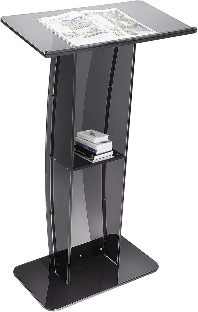 VEVOR Acrylic Podium, 47" Acrylic Podium Stand with Wide Reading Surface & Storage Shelf, Floor-Standing Clear Pulpits Acrylic for Church Office School, Black