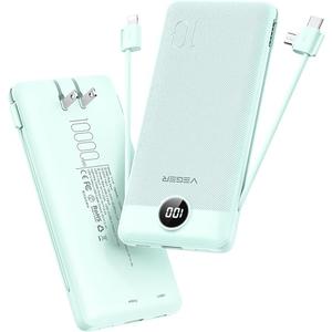 VEGER Portable Charger with Built-in AC Plug and Cables, All in One 10000mAh Ultra Slim Power Bank Travel Essentials, Fast Charging Battery Pack Compatible with iPhone, Samsung, Android