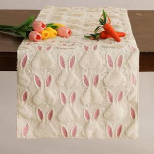 Easter Table Runner 13x120 Inch Soft Plush Faux Fur Jacquard Pink Ears Beige Rabbit Table Runner, Seasonal Spring Easter Kitchen Dining Table Decoration for Home Party Decor ZR005B120
