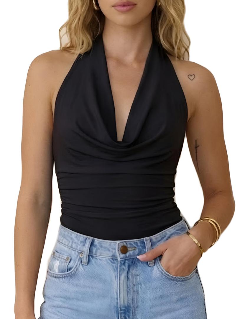 Womens Summer Halter Tops Cowl Neck Sexy Club Backless Double Lined Y2K Going Out Tank Top Date Night 2026 Black, Large