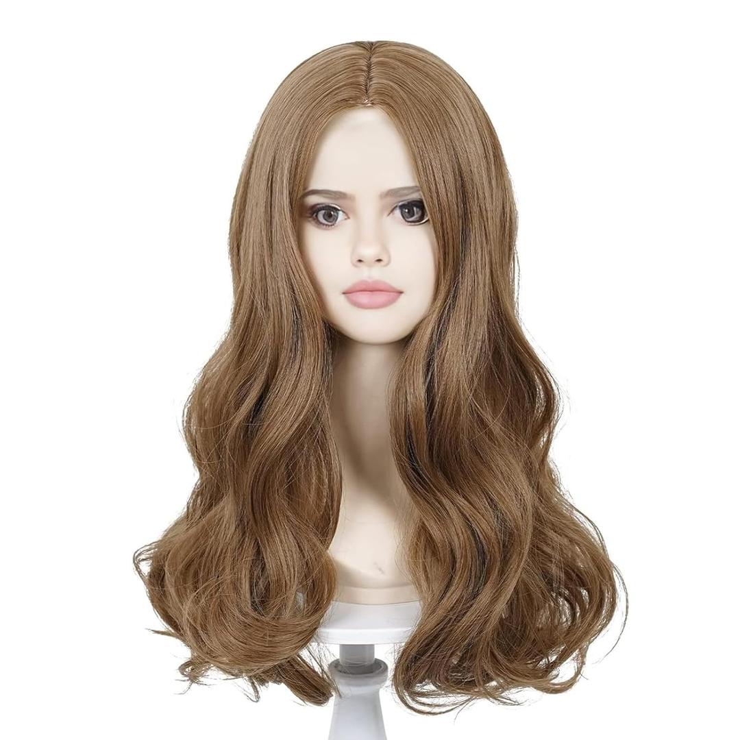 Probeauty Brown Curly Wig, 19.6 Inches Long Wavy Middle Parting Heat-Resistant Synthetic Fiber Hair + Wig Cap for Halloween Costume Cosplay