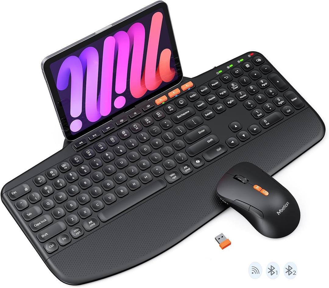 MEETION Wireless Keyboard and Mouse Combo, Ergonomic Keyboard with Wrist Rest, Tablet Holder, Scissor Keys USB/Bluetooth Rechargeable Keyboards, 4DPI Mouse, for Windows/Mac/PC/Laptop/Phone/Tablet